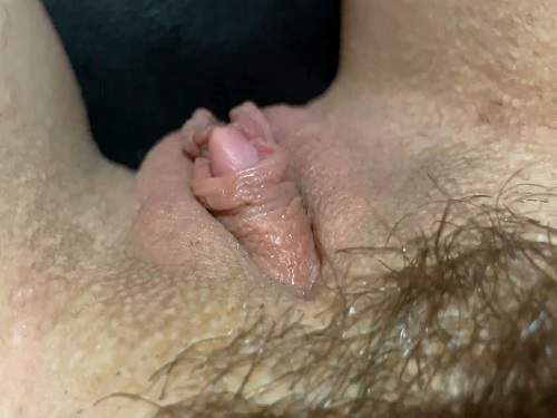 Amateur POV huge clit wife shave her hairy pussy - close up, large labia